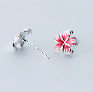 Pink Weisse Blumen Ohrstecker aus Silber