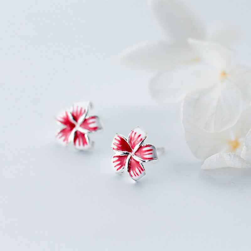 Pink Weisse Blumen Ohrstecker aus Silber